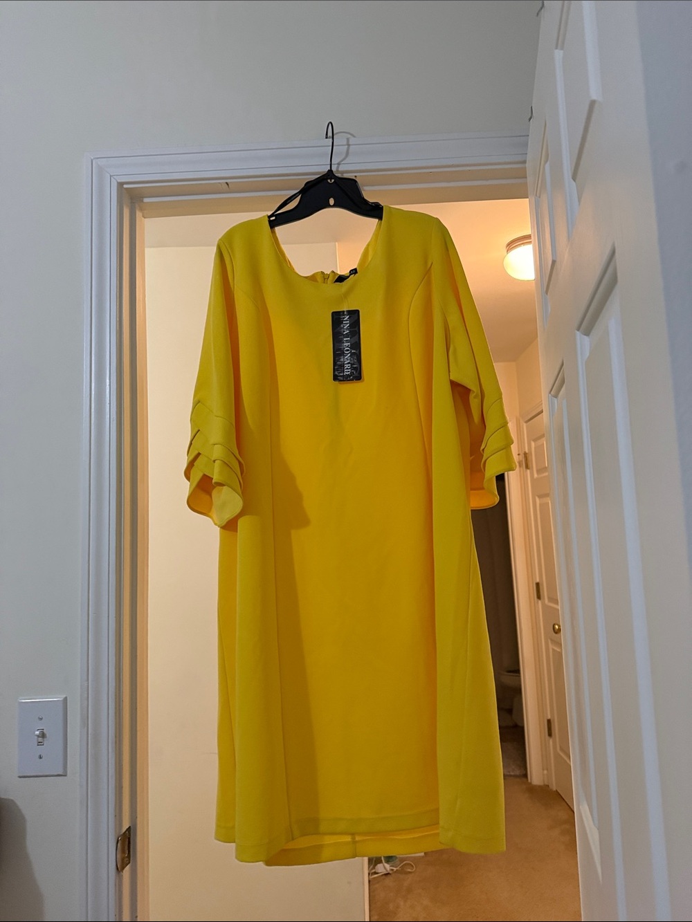 Nina Leonard Yellow Midi Shift Dress with Layered Short Sleeves